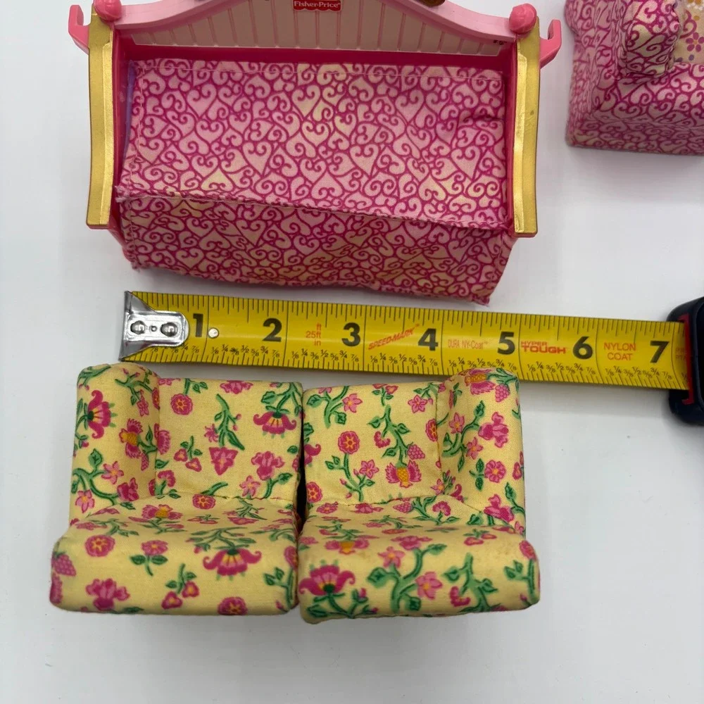 Fisher Price Loving Family Dollhouse Furniture Bed Couch Pink Yellow Floral 2006